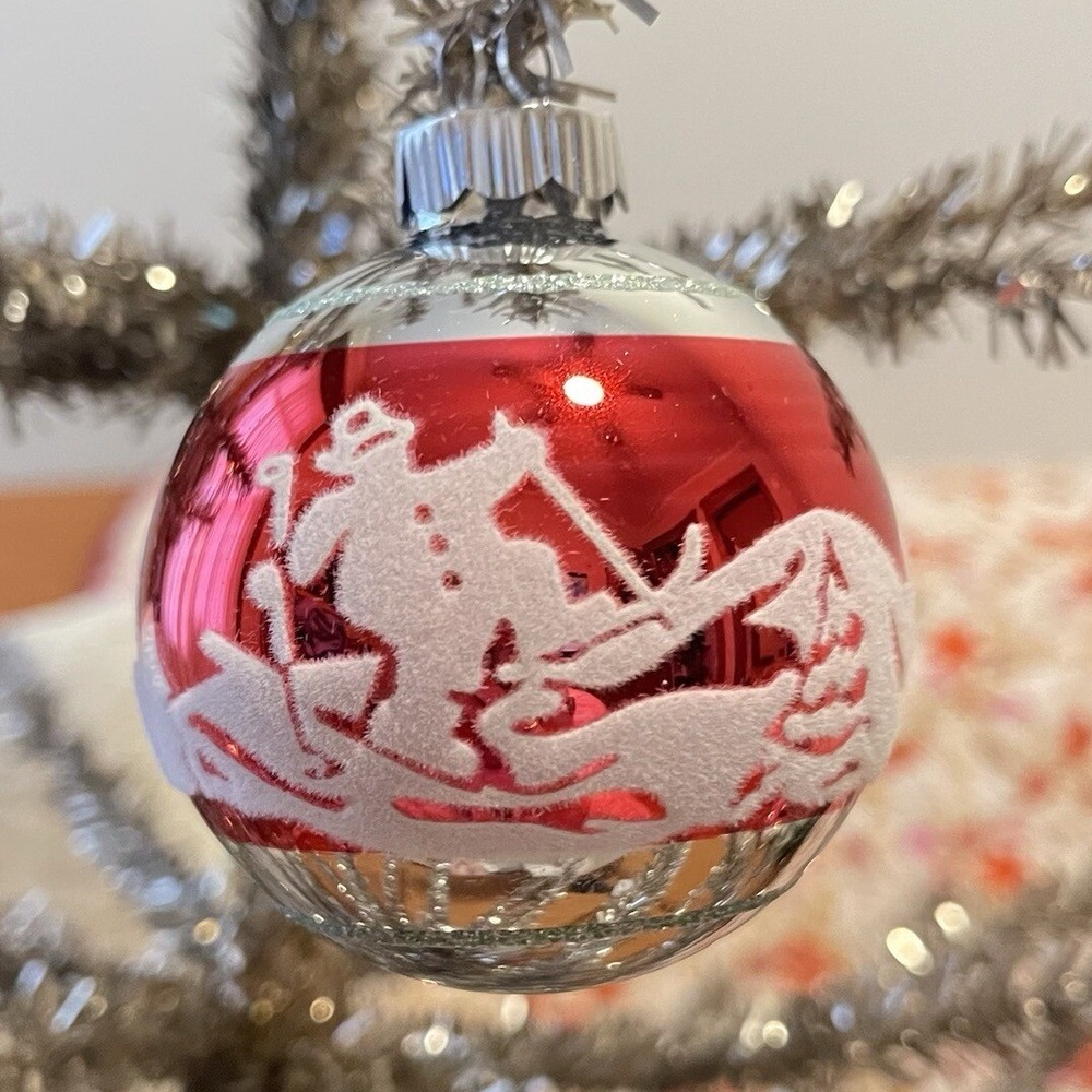 3" Radko Shiny‎ Brite Stenciled Flocked Ornament Skiing Winter Red Silver MCM